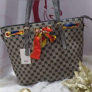 Designer-Style Beige Monogram Tote with orange and yellow Accent Scarf